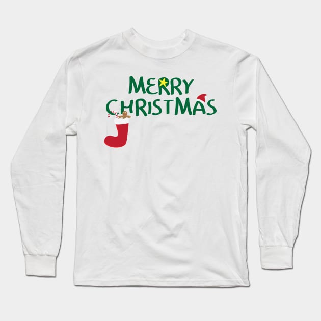 Merry Christmas logo with santa hat, Yellow star, red sock, gingerbread man cookie and Red and white striped candy Long Sleeve T-Shirt by sigdesign